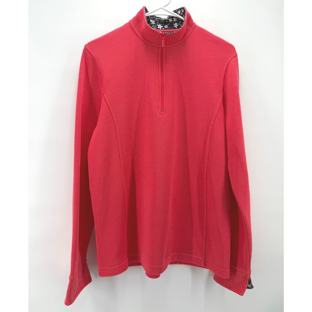 Orvis 1/4 Zip Sweatshirt Women L Dark Coral Pink Blue Floral Trim Ribbed Gorp